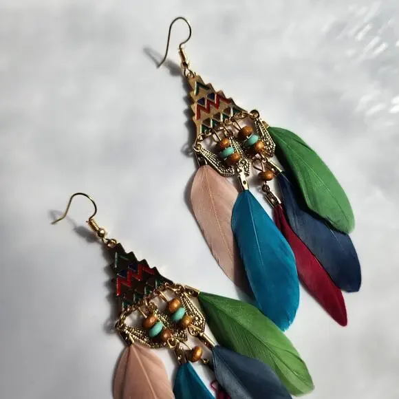 Equator Breeze Multicolor Feather Aztec Pyramid Earrings - Picture 3 of 5
